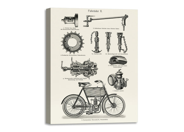 Quadro Stampa su Tela con Telaio in Legno Lithograph of different bicycle parts