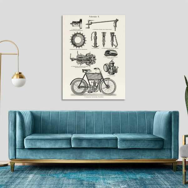 Quadro Stampa su Tela con Telaio in Legno Lithograph of different bicycle parts