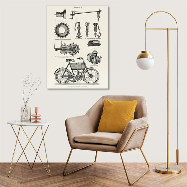 Quadro Stampa su Tela con Telaio in Legno Lithograph of different bicycle parts