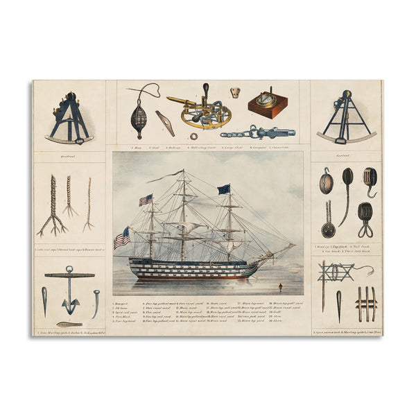 Quadro Stampa su Tela con Telaio in Legno A lithograph illustration of a ship and interiors