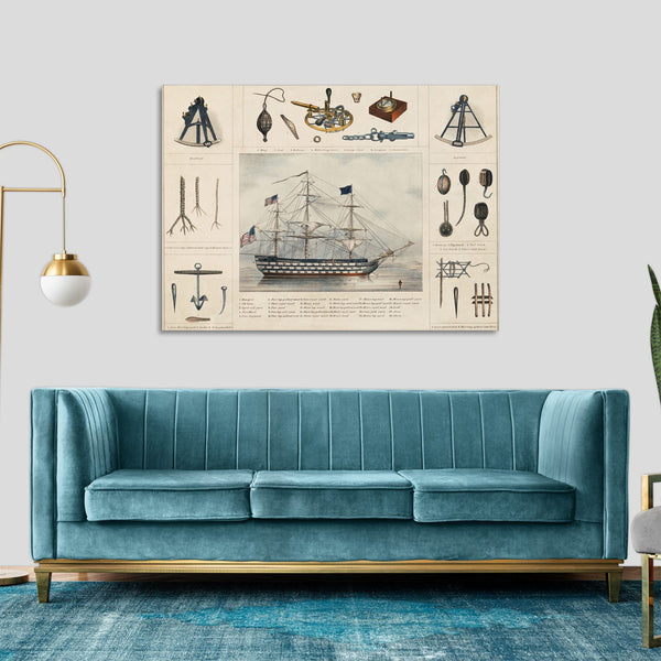 Quadro Stampa su Tela con Telaio in Legno A lithograph illustration of a ship and interiors