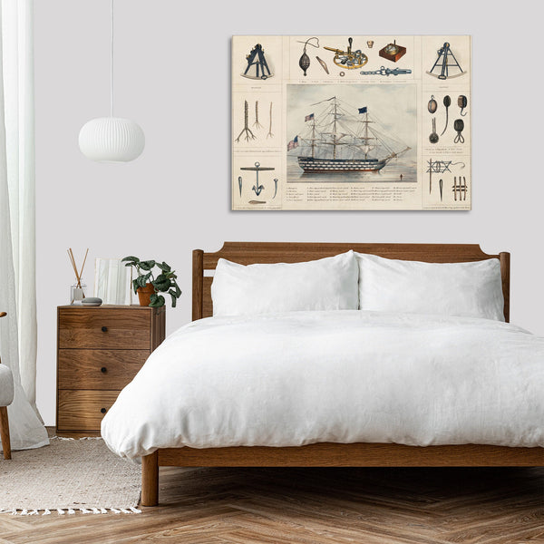 Quadro Stampa su Tela con Telaio in Legno A lithograph illustration of a ship and interiors