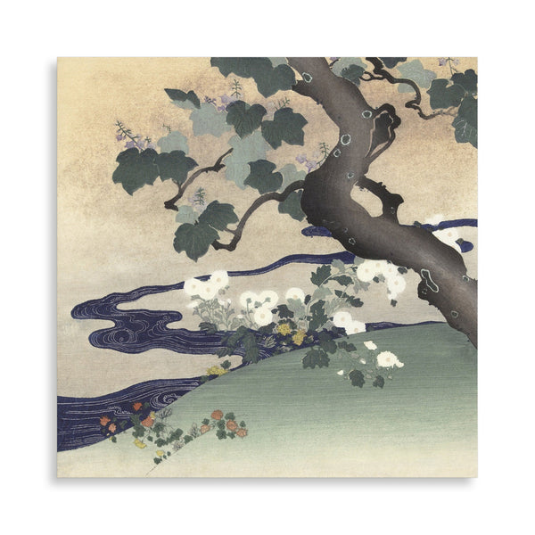 Quadro Stampa su Tela con Telaio in Legno Kogyo Tsukioka - Tree and chrysanthemums