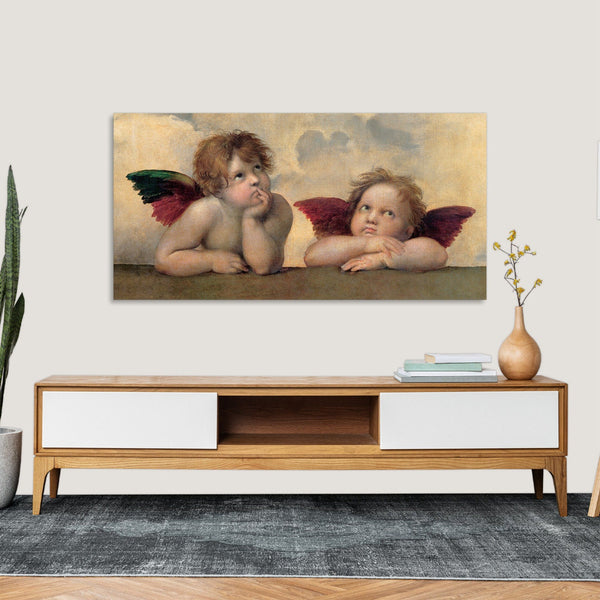 Quadro Stampa su Tela con Telaio in Legno Raffaello Sanzio - Angeli Madonna Sistina