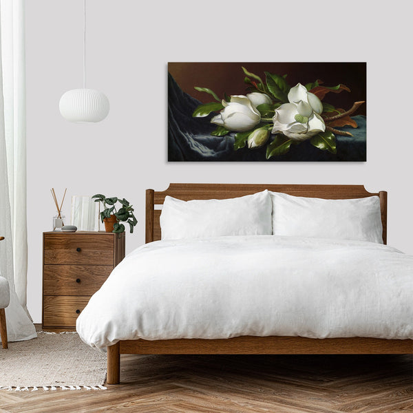 Quadro Stampa su Tela con Telaio in Legno Martin Johnson Heade - Magnolias on Light Blue Velvet Cloth