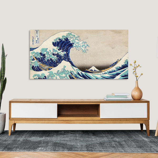 Quadro Stampa su Tela con Telaio in Legno Katsushika Hokusai - The Great Wave off Kanagawa