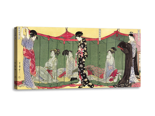 Quadro Stampa su Tela con Telaio in Legno Utamaro Kitagawa - Fujin Tomarikyaku no zu