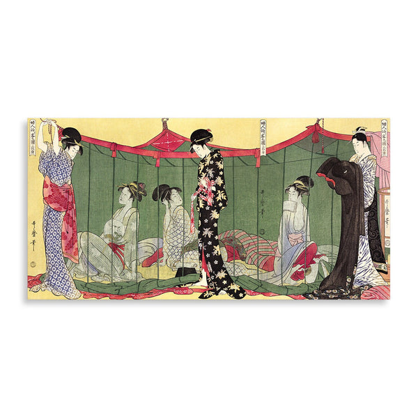 Quadro Stampa su Tela con Telaio in Legno Utamaro Kitagawa - Fujin Tomarikyaku no zu