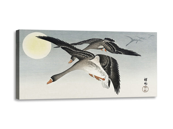 Quadro Stampa su Tela con Telaio in Legno Ohara Koson - Birds at full moon