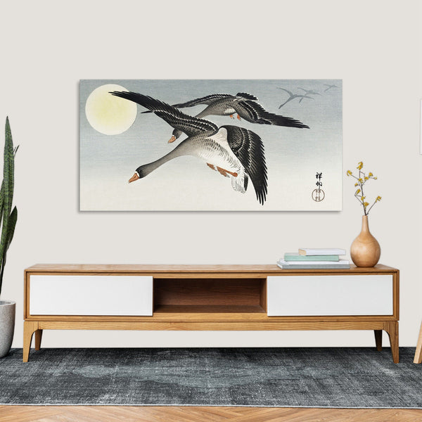 Quadro Stampa su Tela con Telaio in Legno Ohara Koson - Birds at full moon