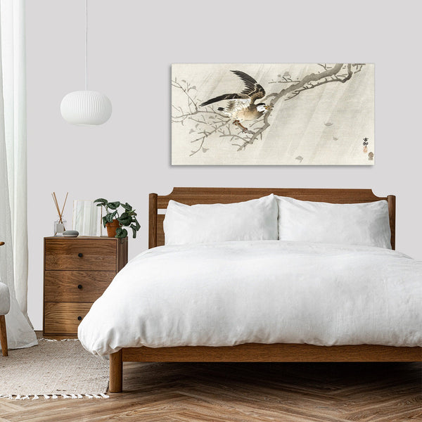 Quadro Stampa su Tela con Telaio in Legno Ohara Koson - Gray starling in storm