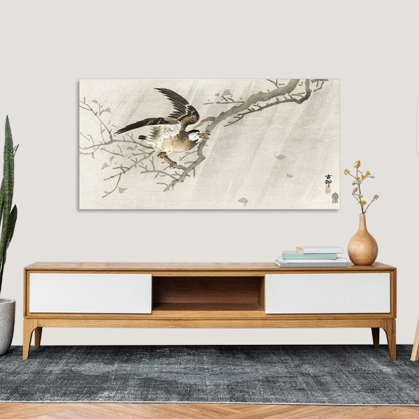 Quadro Stampa su Tela con Telaio in Legno Ohara Koson - Gray starling in storm