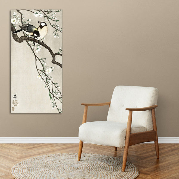 Quadro Stampa su Tela con Telaio in Legno Ohara Koson - Tits on Cherry Branch