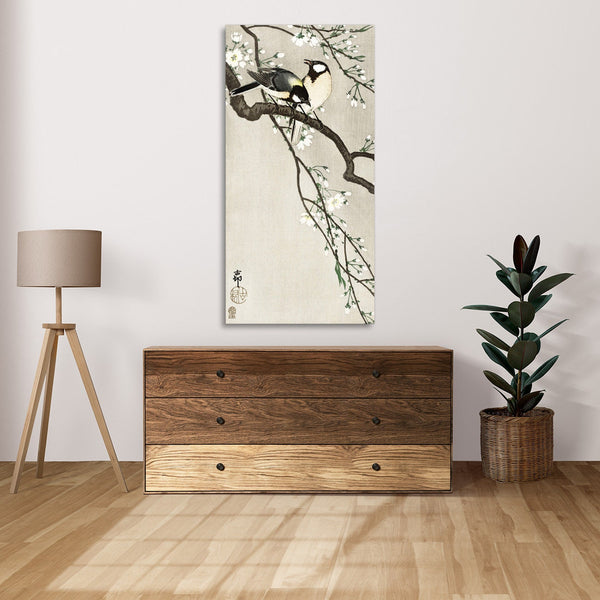 Quadro Stampa su Tela con Telaio in Legno Ohara Koson - Tits on Cherry Branch