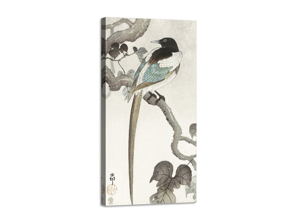 Quadro Stampa su Tela con Telaio in Legno Ohara Koson - Magpie on tree branch