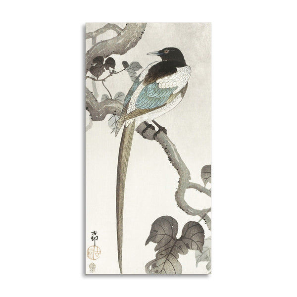 Quadro Stampa su Tela con Telaio in Legno Ohara Koson - Magpie on tree branch