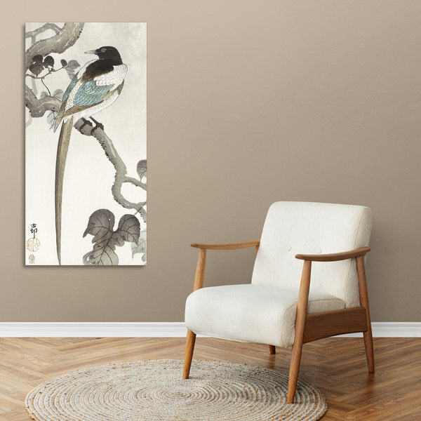 Quadro Stampa su Tela con Telaio in Legno Ohara Koson - Magpie on tree branch