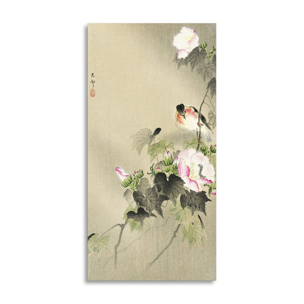 Quadro Stampa su Tela con Telaio in Legno Ohara Koson - Bird and caterpillar