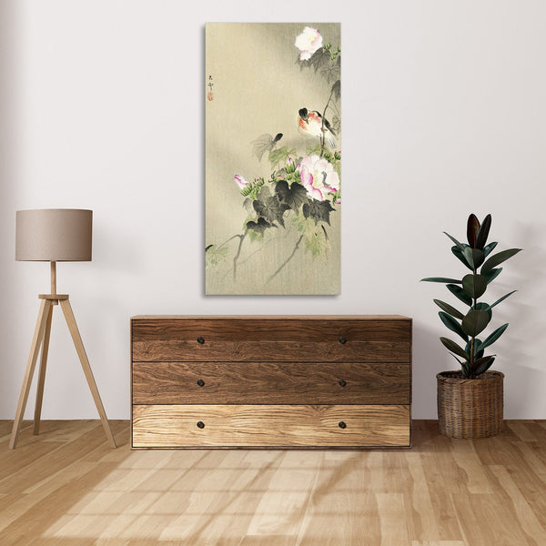 Quadro Stampa su Tela con Telaio in Legno Ohara Koson - Bird and caterpillar