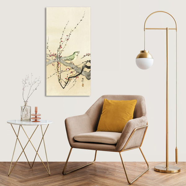Quadro Stampa su Tela con Telaio in Legno Ohara Koson - Songbird and plum blossom