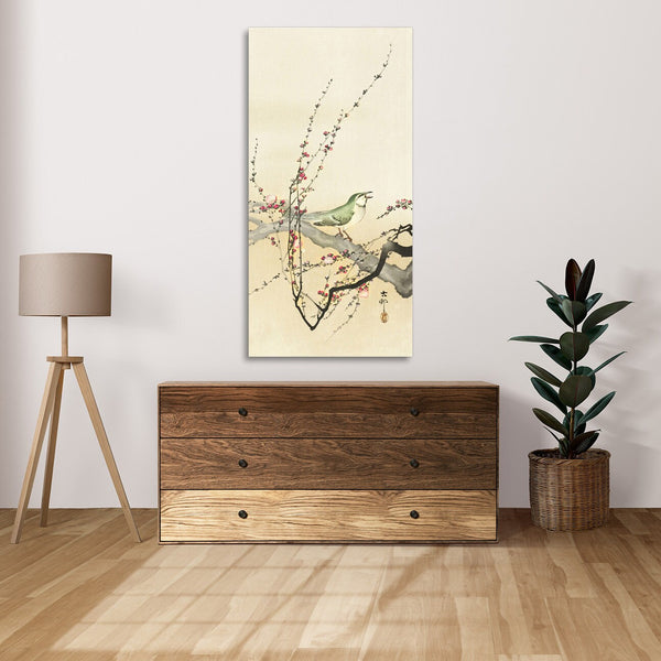 Quadro Stampa su Tela con Telaio in Legno Ohara Koson - Songbird and plum blossom