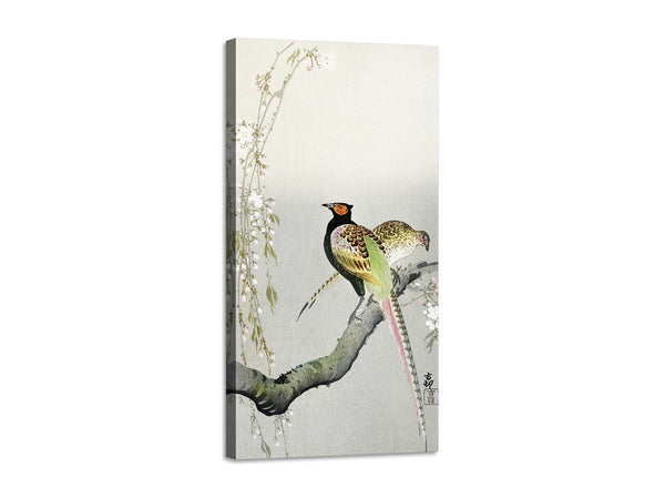 Quadro Stampa su Tela con Telaio in Legno Ohara Koson - Couple pheasants and cherry blossom