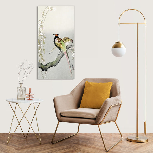 Quadro Stampa su Tela con Telaio in Legno Ohara Koson - Couple pheasants and cherry blossom