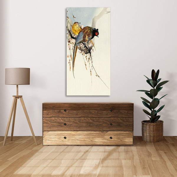 Quadro Stampa su Tela con Telaio in Legno Ohara Koson - Pheasant couple and plum blossom