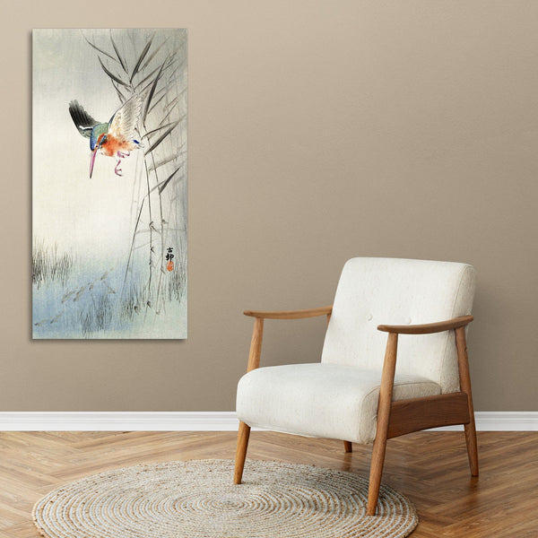 Quadro Stampa su Tela con Telaio in Legno Ohara Koson - Kingfisher hunting for fish in the water