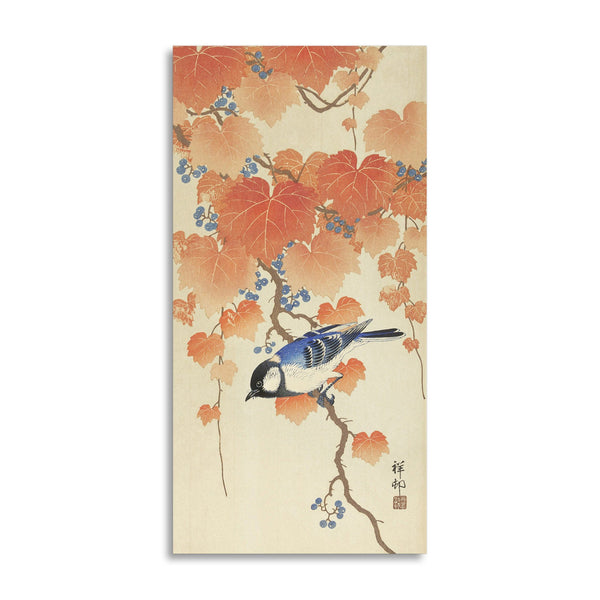 Quadro Stampa su Tela con Telaio in Legno Ohara Koson - Great tit on paulownia branch