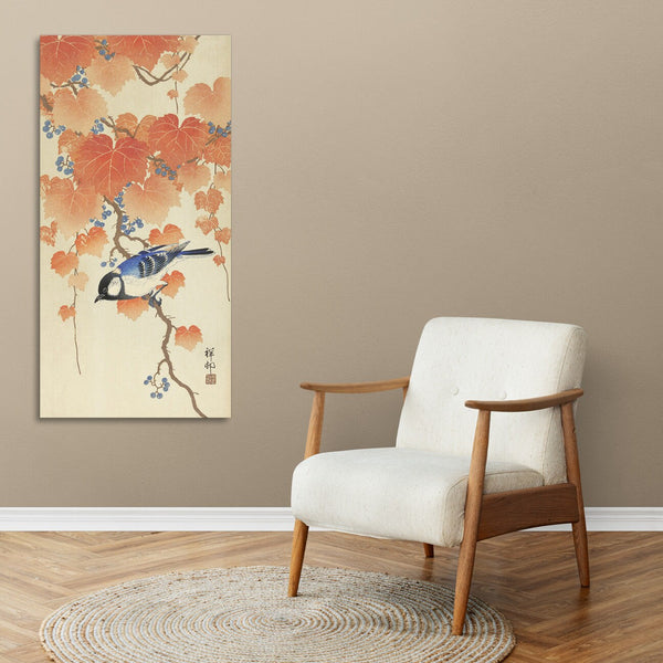 Quadro Stampa su Tela con Telaio in Legno Ohara Koson - Great tit on paulownia branch