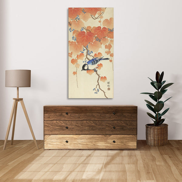 Quadro Stampa su Tela con Telaio in Legno Ohara Koson - Great tit on paulownia branch