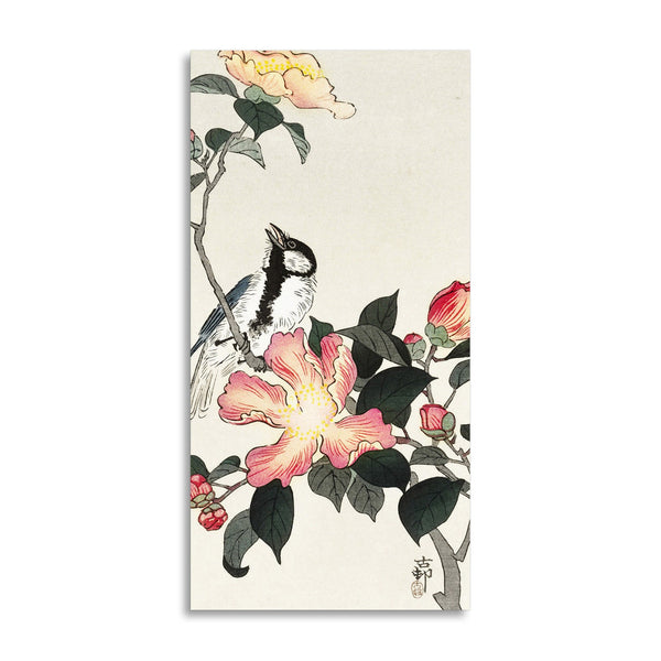 Quadro Stampa su Tela con Telaio in Legno Ohara Koson - Great tit on branch with pink flowers