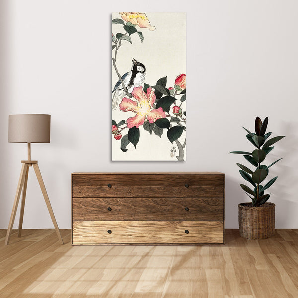 Quadro Stampa su Tela con Telaio in Legno Ohara Koson - Great tit on branch with pink flowers