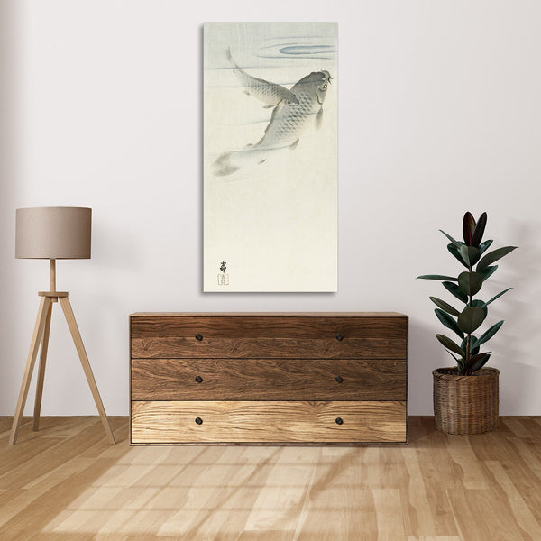Quadro Stampa su Tela con Telaio in Legno Ohara Koson - A jumping carp