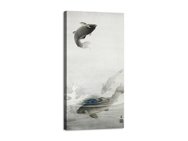 Quadro Stampa su Tela con Telaio in Legno Ohara Koson - Three carps
