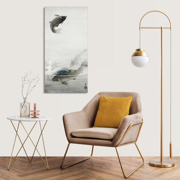 Quadro Stampa su Tela con Telaio in Legno Ohara Koson - Three carps