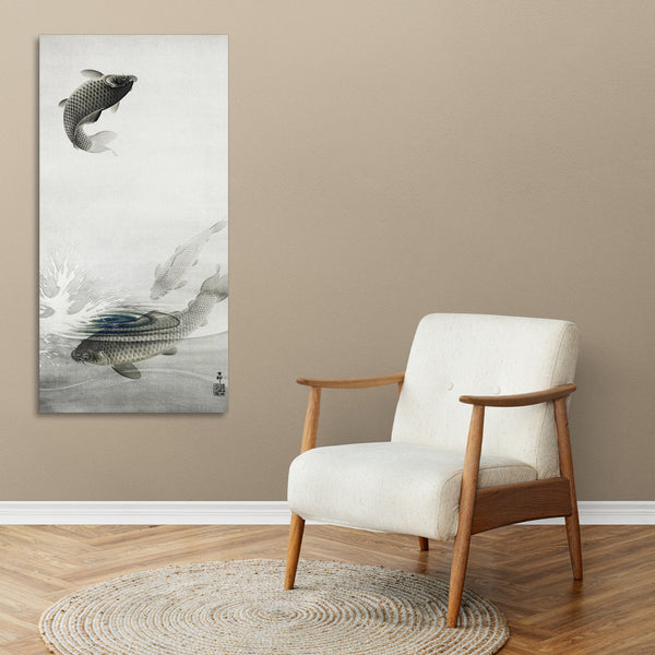 Quadro Stampa su Tela con Telaio in Legno Ohara Koson - Three carps