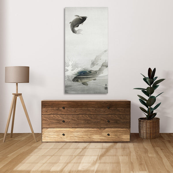 Quadro Stampa su Tela con Telaio in Legno Ohara Koson - Three carps