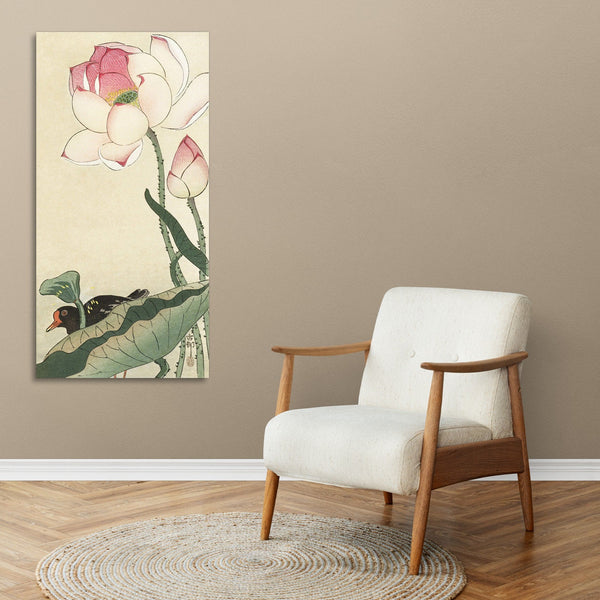 Quadro Stampa su Tela con Telaio in Legno Ohara Koson - Gallinule with Lotus Flowers