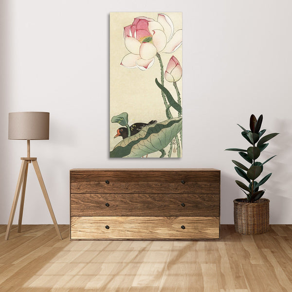 Quadro Stampa su Tela con Telaio in Legno Ohara Koson - Gallinule with Lotus Flowers