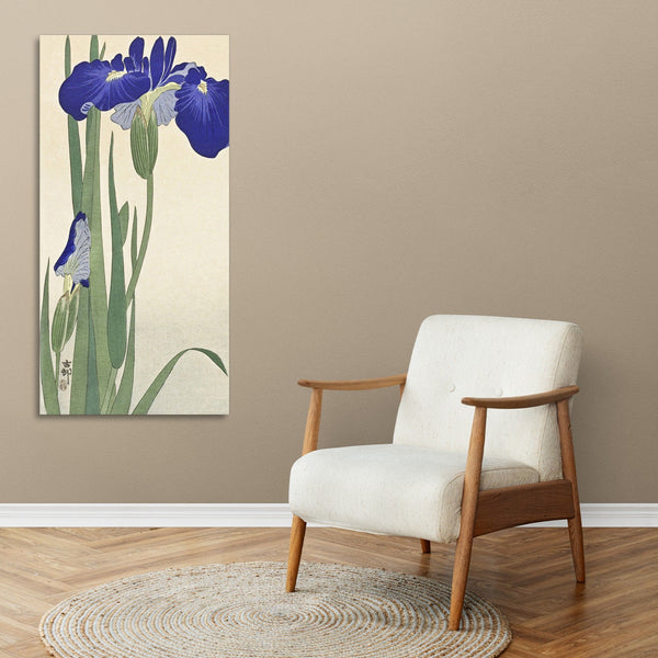 Quadro Stampa su Tela con Telaio in Legno Ohara Koson - Blue Irises