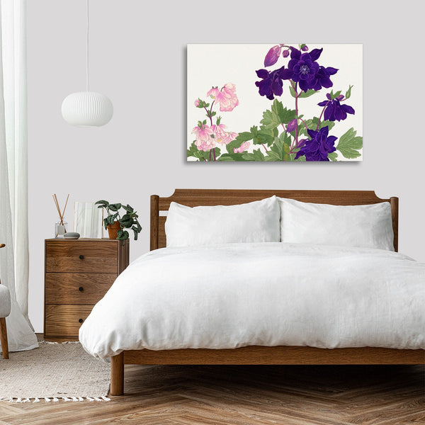 Quadro Stampa su Tela con Telaio in Legno Seiyo Soka Zufu - Aquilegia flower