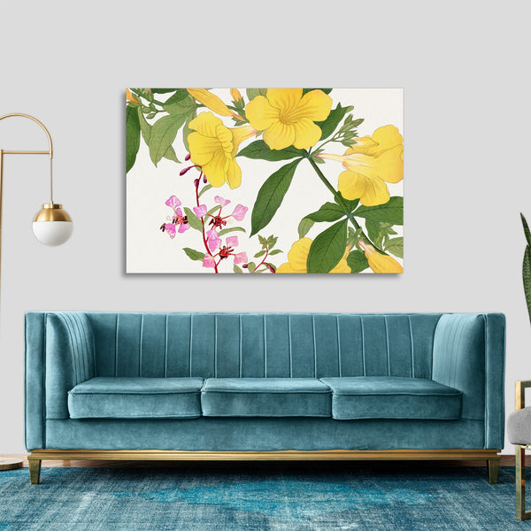 Quadro Stampa su Tela con Telaio in Legno Seiyo Soka Zufu - Vintage clarkia & allamanda flower