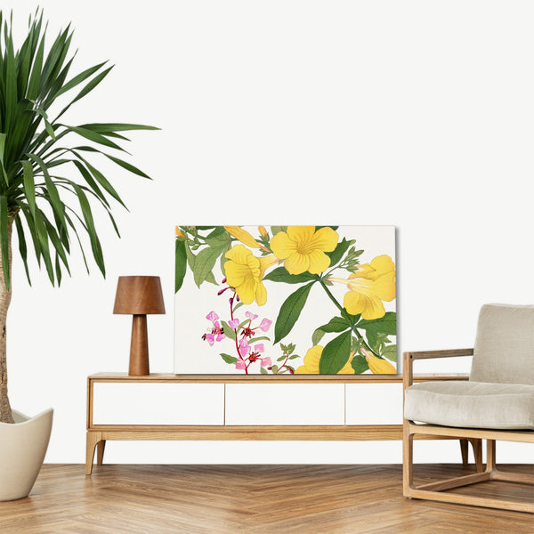 Quadro Stampa su Tela con Telaio in Legno Seiyo Soka Zufu - Vintage clarkia & allamanda flower