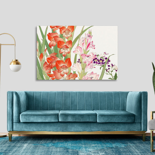 Quadro Stampa su Tela con Telaio in Legno Seiyo Soka Zufu - Vintage gladiolus