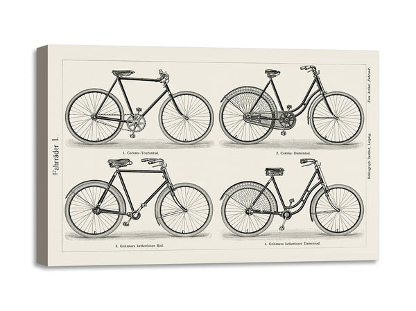 Quadro Stampa su Tela con Telaio in Legno Lithograph of different types of bicycles