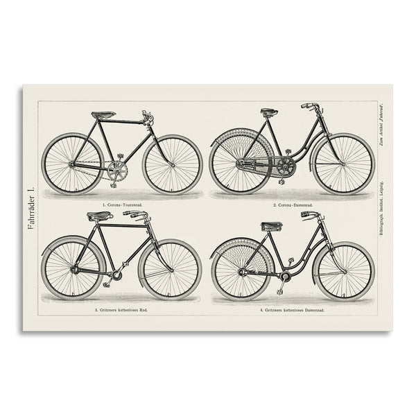 Quadro Stampa su Tela con Telaio in Legno Lithograph of different types of bicycles