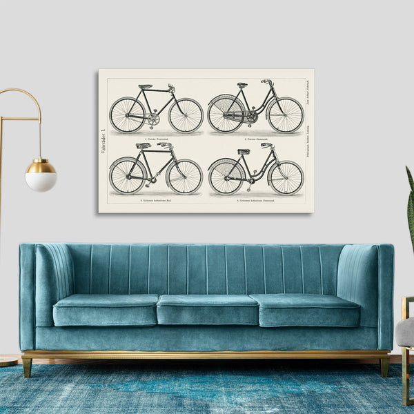 Quadro Stampa su Tela con Telaio in Legno Lithograph of different types of bicycles