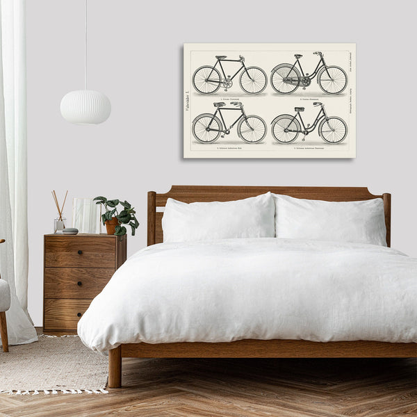 Quadro Stampa su Tela con Telaio in Legno Lithograph of different types of bicycles